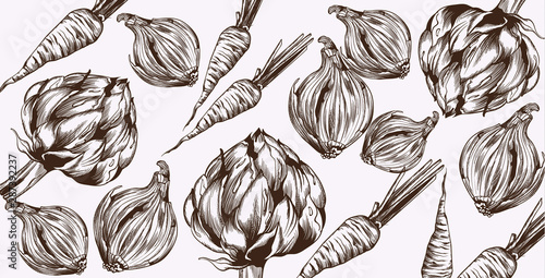 Artichoke and onions Vector line art. Veggies pattern fresh harvests