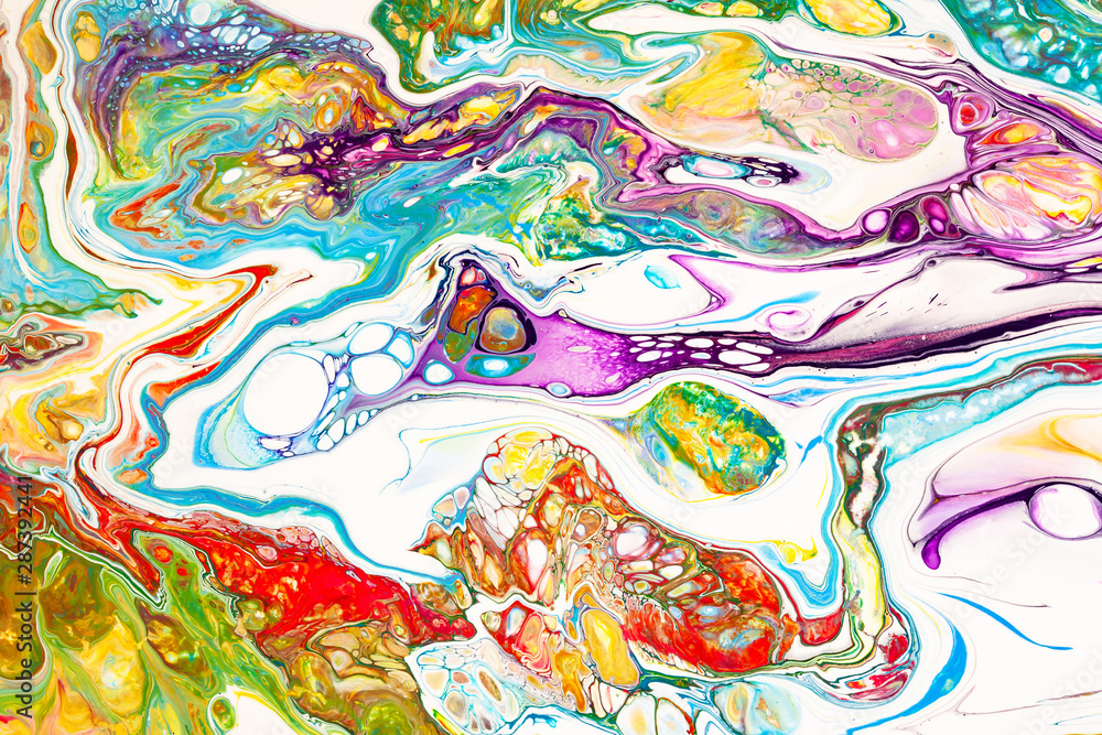 Oil paint mix abstract background. Rainbow marble texture. Acrylic liquid flow colorful wallpaper. Creative violet, yellow, blue paint swirls, waves. Multicolor watercolor pattern, fluid effect Oil paint mix abstract background. Rainbow marble texture. Acrylic liquid flow colorful wallpaper. Creative violet, yellow, blue paint swirls, waves. Multicolor watercolor pattern, fluid effect