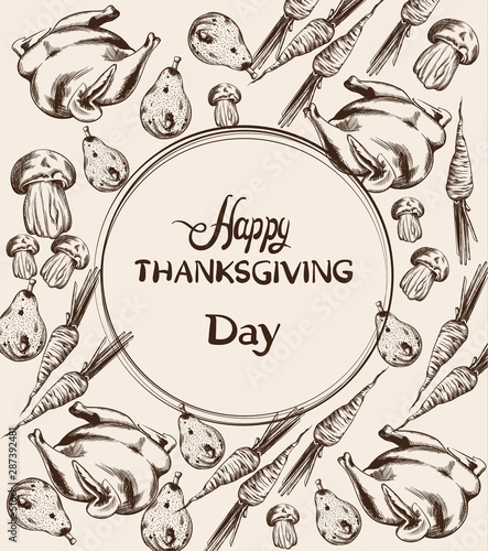 Happy Thanksgiving dinner menu line art Vector. Turkey and veggies detailed i...
