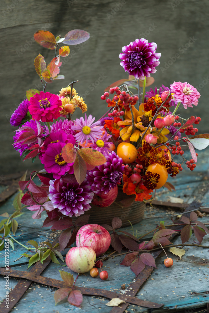 Autumn bouquet, still life, fall flowers composition with dahlia