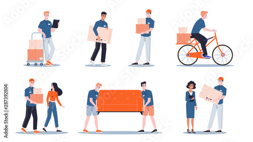 Loader in uniform carrying things set. Delivery man holding