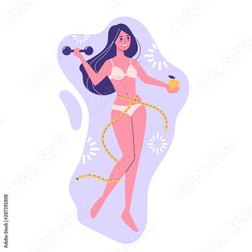 Happy slim woman with a measuring tape around the waste