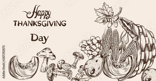 Happy Thanksgiving dinner menu line art Vector. Fall havest veggies detailed ...