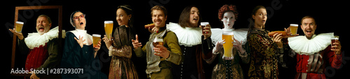 Young people as a medieval grandee on dark studio background. Drinking beer. Collage of portraits in retro costumes. Human emotions, comparison of eras, oktoberfest and facial expressions concept.