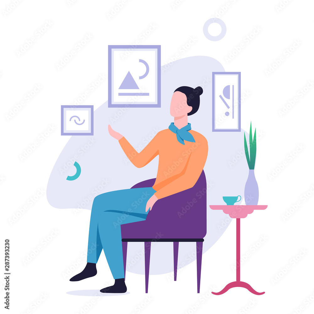 Man sitting around the painting on the wall Man sitting around the painting on the wall