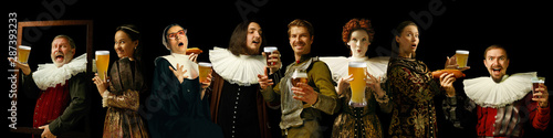 Young people as a medieval grandee on dark studio background. Drinking beer. Collage of portraits in retro costumes. Human emotions, comparison of eras, oktoberfest and facial expressions concept.