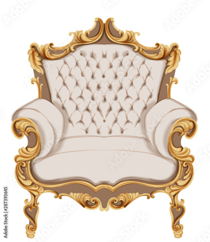 Golden baroque armchair Vector. Luxurious furniture design. Victorian rich ornaments decors