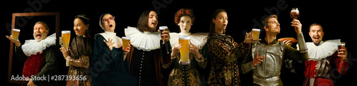Young people as a medieval grandee on dark studio background. Drinking beer. Collage of portraits in retro costume. Human emotions, comparison of eras. oktoberfest and facial expressions concept.