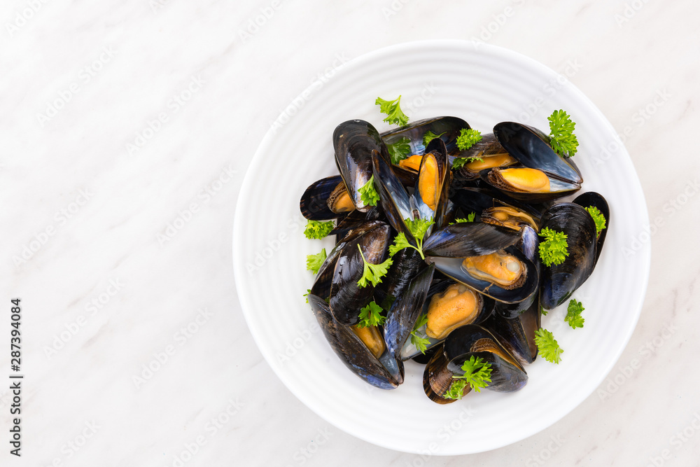 Freshly Catch Mussels Served on Plate,Seafood Restaurant Dish