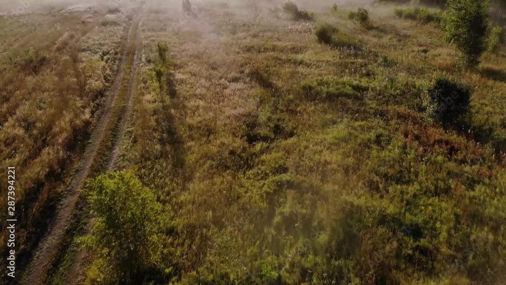 Summer foggy morning over green field in forest. Beautiful cinematic drone flight over misty country road. Summer foggy morning over green field in forest. Beautiful cinematic drone flight over misty country road.