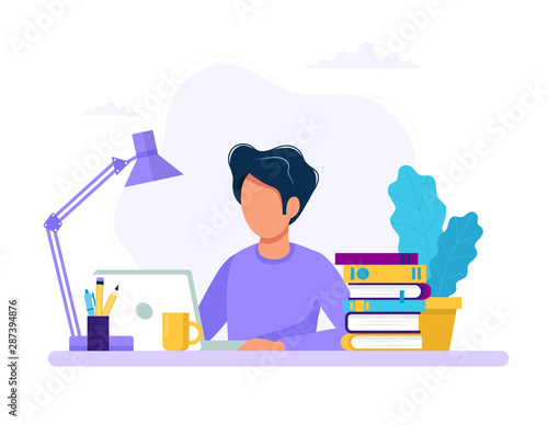 Man with laptop, education or working concept. Table with books, lamp, coffee cup. Vector illustration in flat style