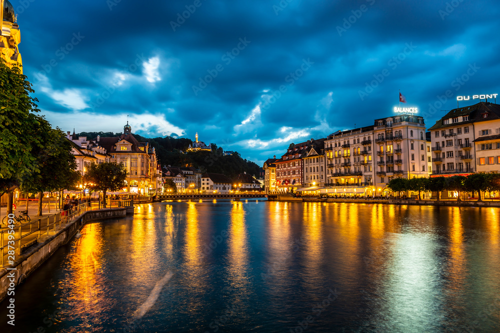 Reuss River and City of Lucerne at Night in Switzerland.