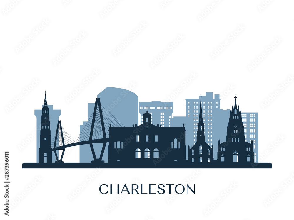 Naklejka premium Panoramę Charleston, monochromatyczna sylwetka. Ilustracji wektorowych.