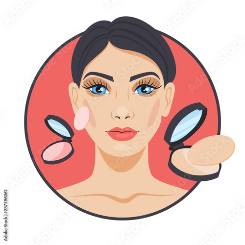 Smiling woman applying powder on her face. Face makeup