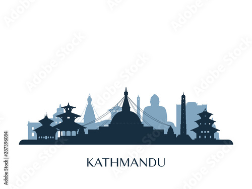 Kathmandu skyline, monochrome silhouette. Vector illustration.