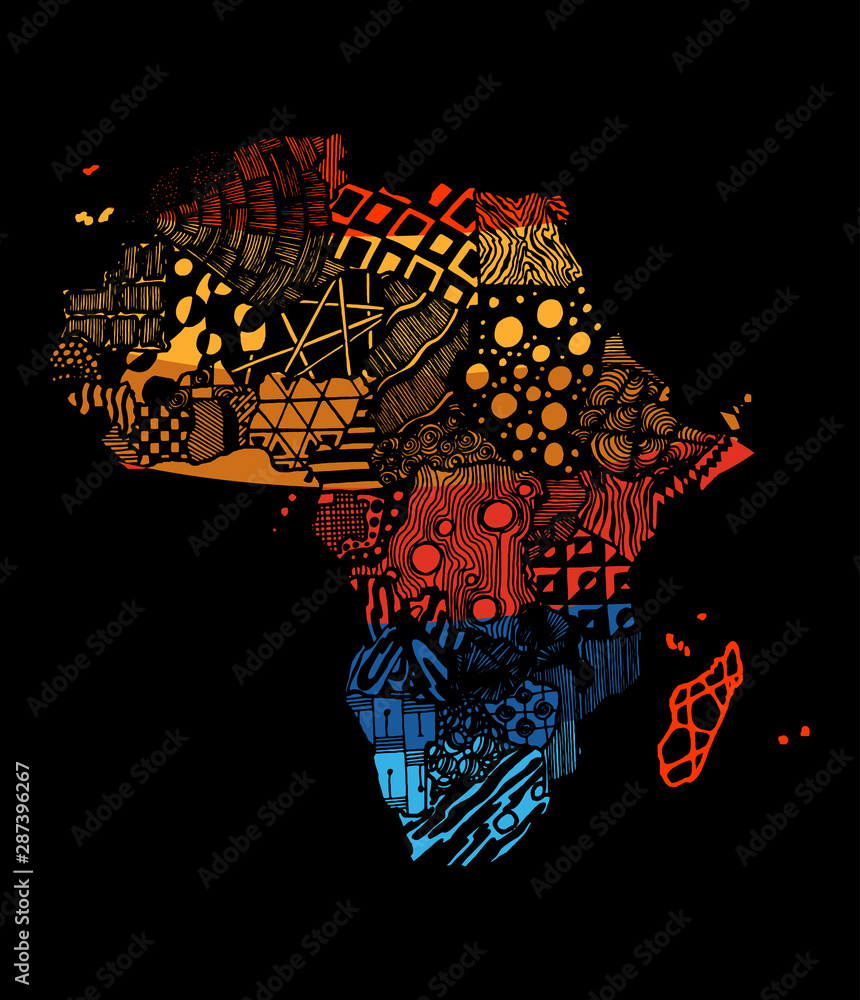 Africa colored continent map. Sketch hand drawn.