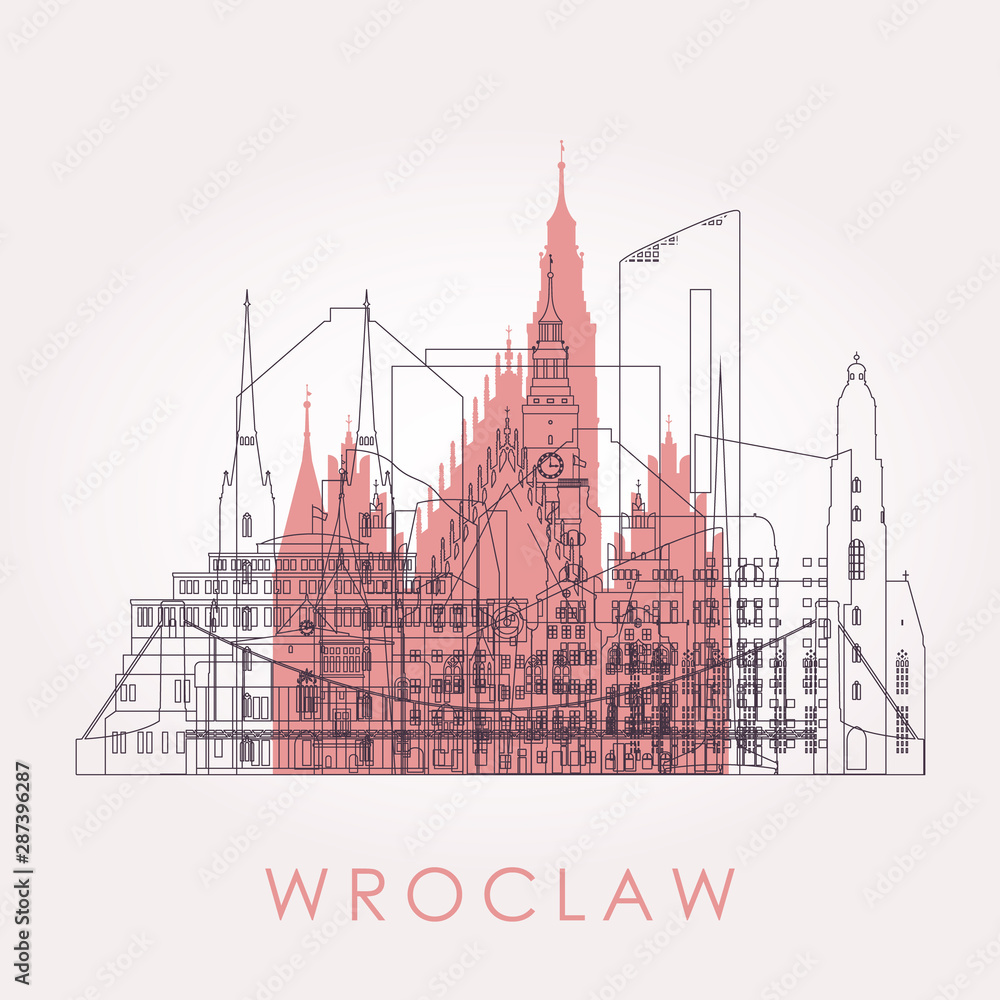 Outline Wroclaw skyline with landmarks. Vector illustration. Business travel and tourism concept with historic buildings. Image for presentation, banner, placard and web site.