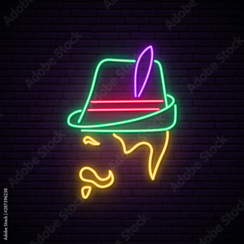 Oktoberfest neon signboard. Man with traditional german green hat. Side view. Vector Illustration.