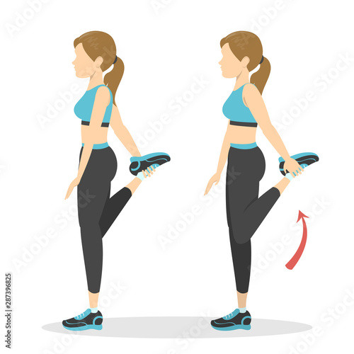 Woman doing quadriceps stretch, cool down exercise.