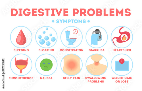 Infographic with intestine problems. Diarrhea and stomach