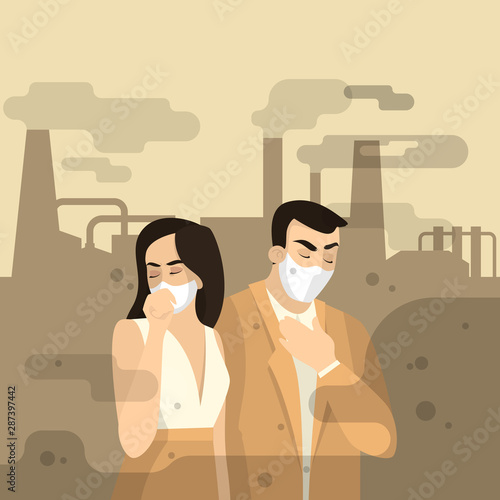 Air pollution concept. People with face mask suffering
