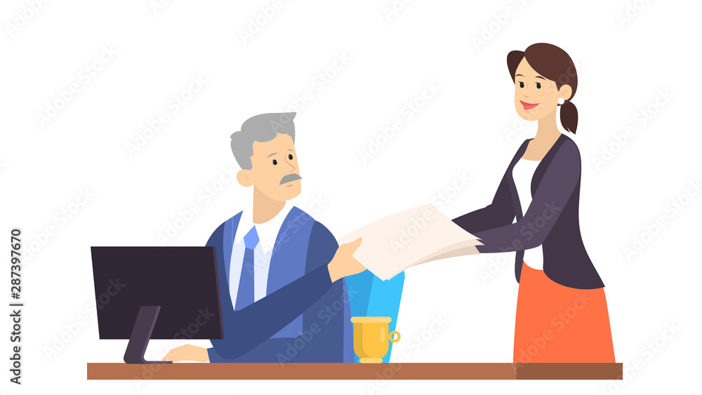 Boss and secretary in the office. Idea of job Boss and secretary in the office. Idea of job