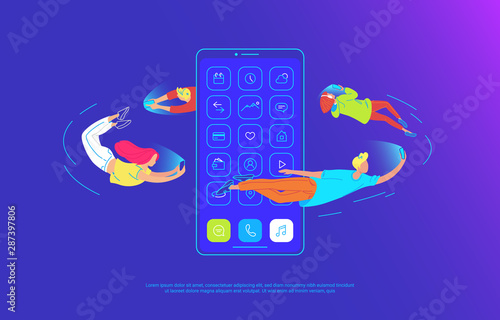 Young people are flying around of big smartphone