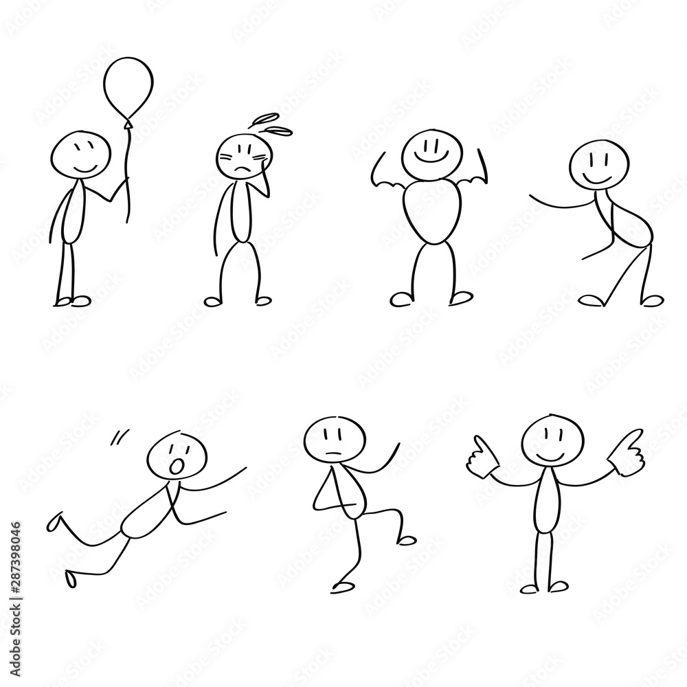 Set of funny stick figures in playful poses and funny happy emotions. Hand  drawn childish style doodles. Stock Vector | Adobe Stock