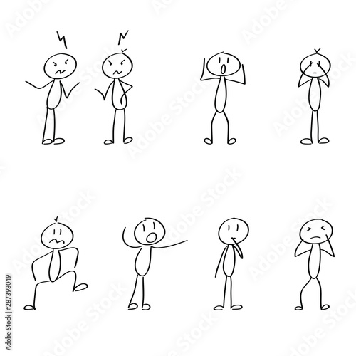Mad stick figures in bad emotions. Isolated drawings of people in bad mood, confronting each other. 