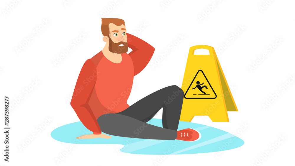 Man falling on the wet floor. Caution sign, warning