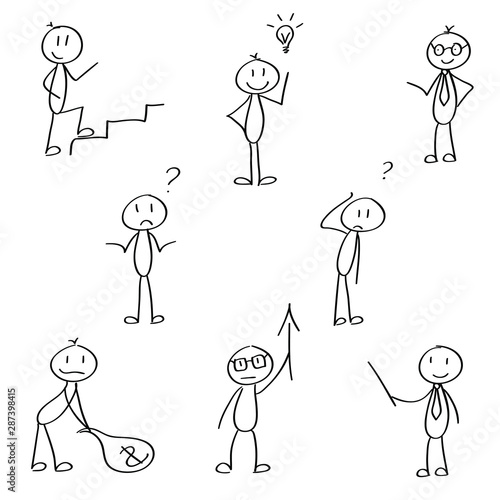 Set of stick men figures for presentations. Children drawing style, hand drawn doodles. Cartoon illustration, outline of people in different poses and emotions. 