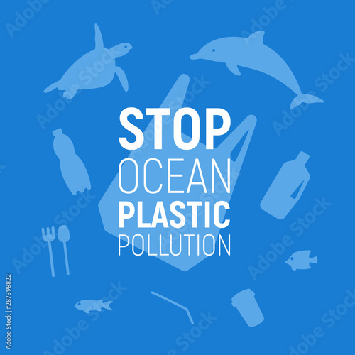 Ocean Plastic Pollution. Underwater background with plastic bag, rubbish, dolphin and turtle. Save the ocean concept. Eco problem poster. Vector illustration