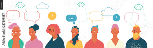 Bright people portraits - young men and women - row of talking people with bubbles above and watching eyes in the sky, chat and observing big brother, supervising concept