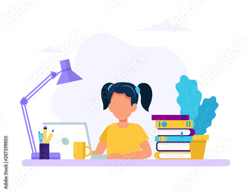 Girl studying with computer and books. Back to school, online education concept vector illustration in flat style