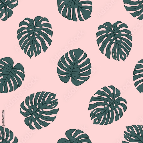 Monstera leaves sketchy seamless pattern. Exotic foliage green and pink illustration. Monochrome tropical leafage background. Minimalist botanical textile, wallpaper design
