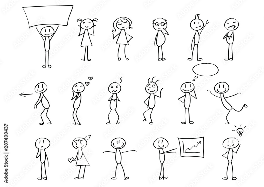 Funny children drawings - set of stick figures in different poses. Material  for slide shows, presentations and all sorts of prints. Simple hand drawn  doodles in black and white. Stock Vector |