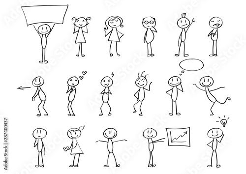 Funny children drawings - set of stick figures in different poses. Material for slide shows, presentations and all sorts of prints. Simple hand drawn doodles in black and white.  photo