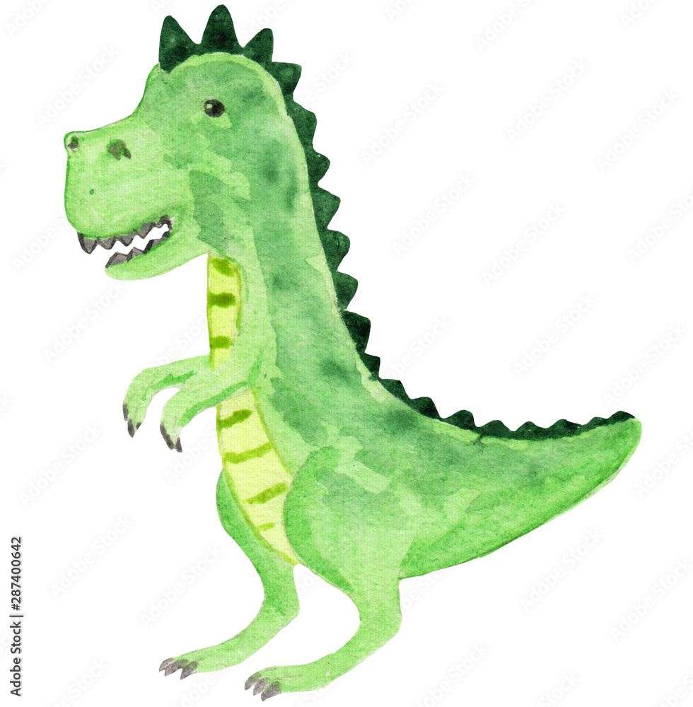Fototapeta premium Cartoon cute t-rex dinosaur on a white background. watercolor illustration for children's textiles, prints, posters, magazines. watercolor baby tyrannosaurus.