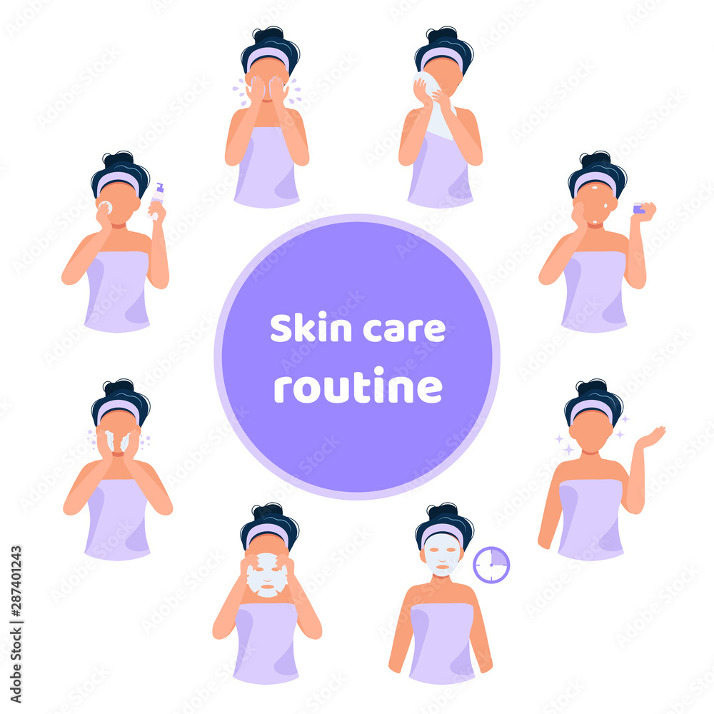 Skin care routine. Illustration set with girl making different steps ...