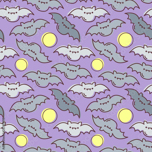 Seamless halloween pattern with cute bats on purple background for greeting card, gift box, fabric, web design.
