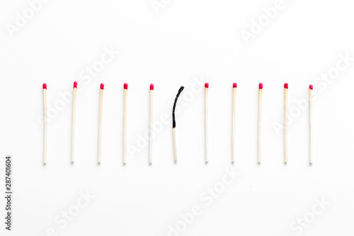 Symbol of danger with matches on white background top view