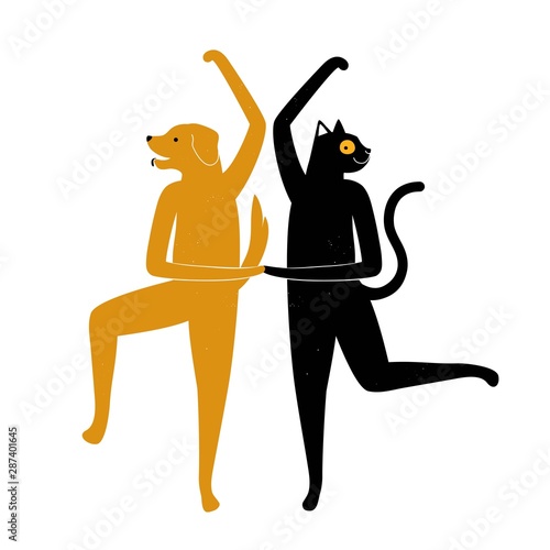 Vector illustration with cat and dog dancing together. Golden retriever and black cat with big yellow eye.