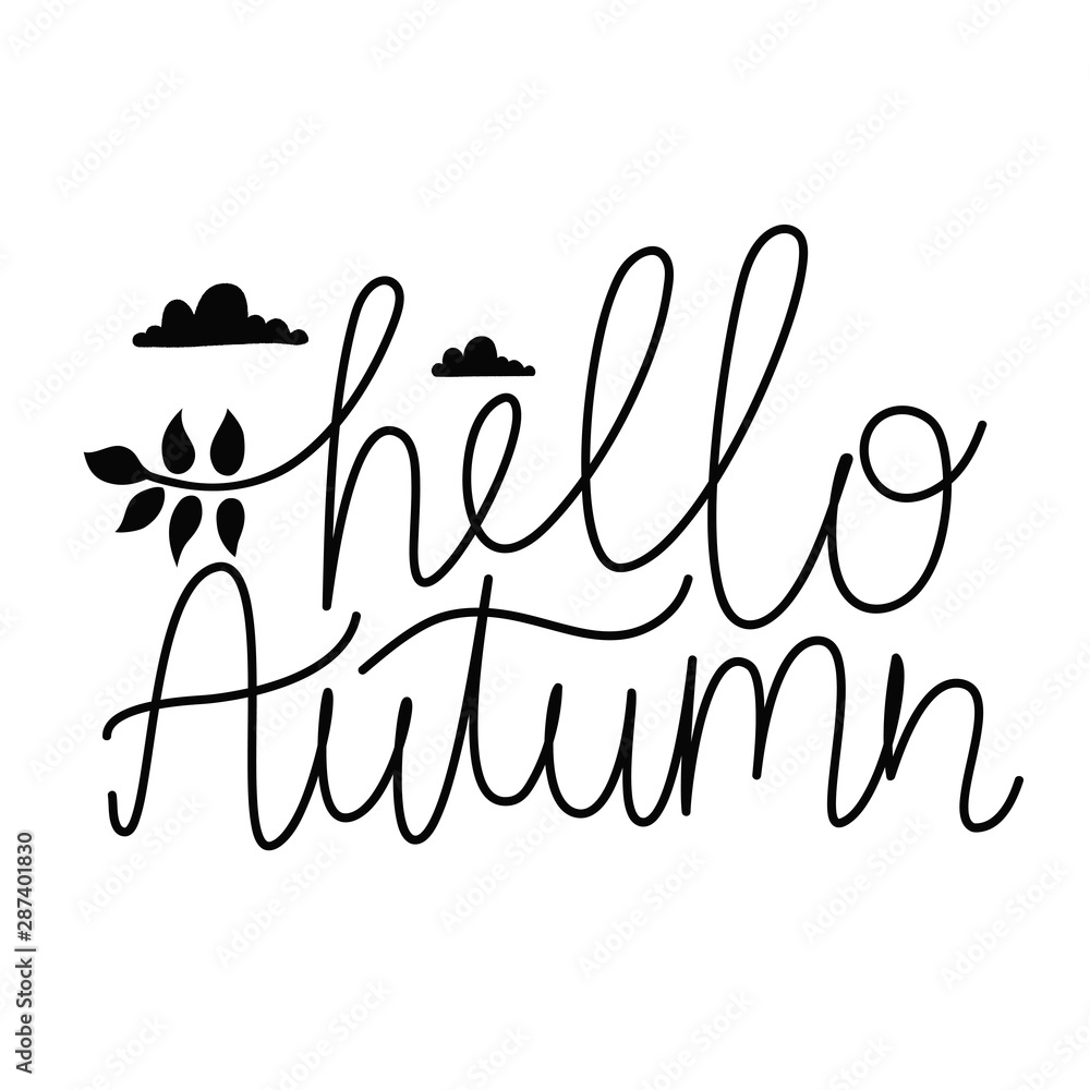Obraz premium Vector illustration with clouds, leaf and lettering text - hello Autumn.