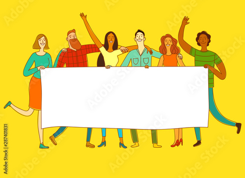 Group of six happy friends holding big banner for your text.