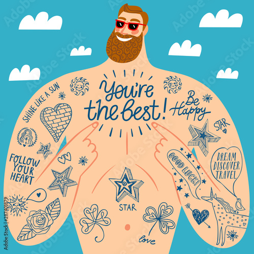 Big man's  tattooed chest with greetings and doodle drawings.