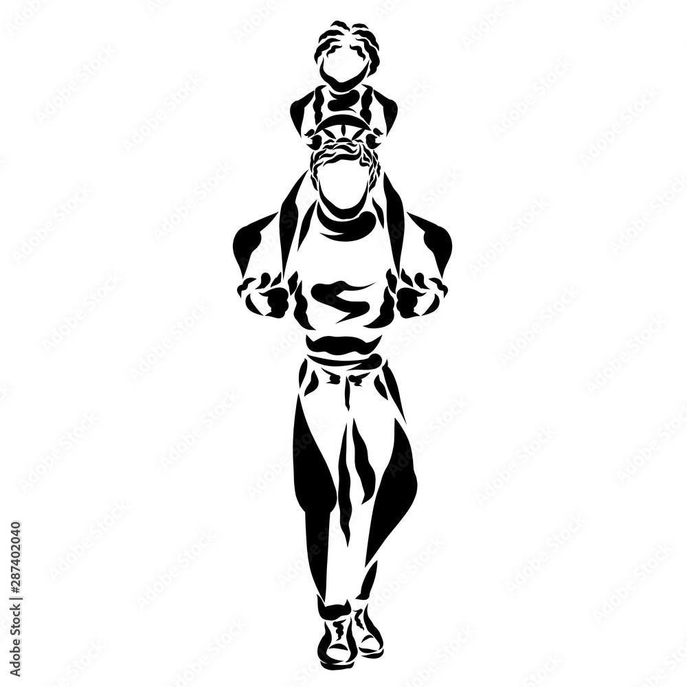 Fototapeta premium child with a wheel in his hands rides on dad's shoulders