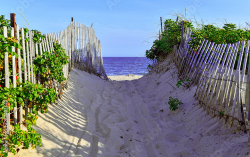 Beach scene with sand dunes and fencing by ocean photo
