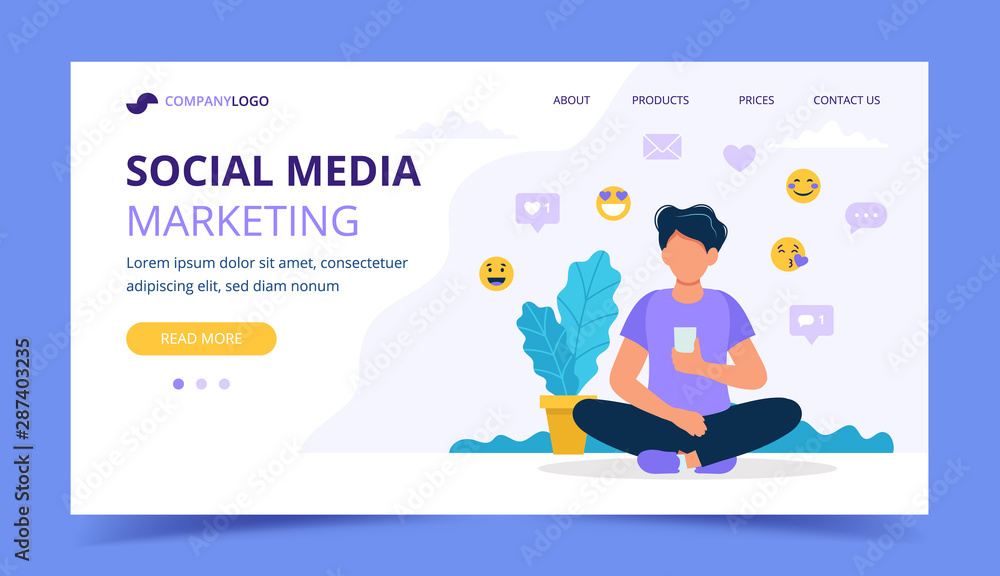 Man with a smartphone and different social icons, social media marketing landing page template. Vector illustration in flat style Man with a smartphone and different social icons, social media marketing landing page template. Vector illustration in flat style
