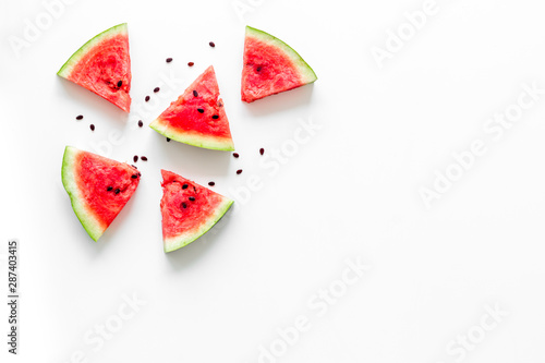 Cut watermelon for break with fruit on white background top view mockup
