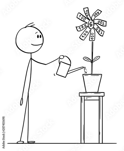 Vector cartoon stick figure drawing conceptual illustration of man or businessman watering flower in pot blooming with money or bills.